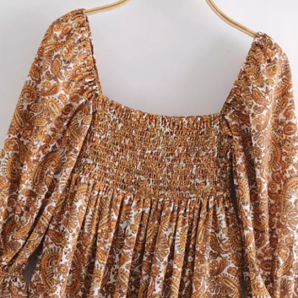 Retro Paisley Square Neck Smocked Boho Mini Dress - Picture 3 of 14